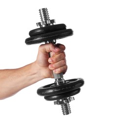 Photo of Man exercising with barbell on white background, closeup