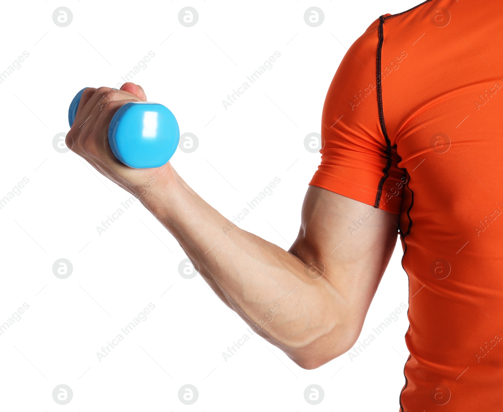 Photo of Man exercising with dumbbell on white background, closeup