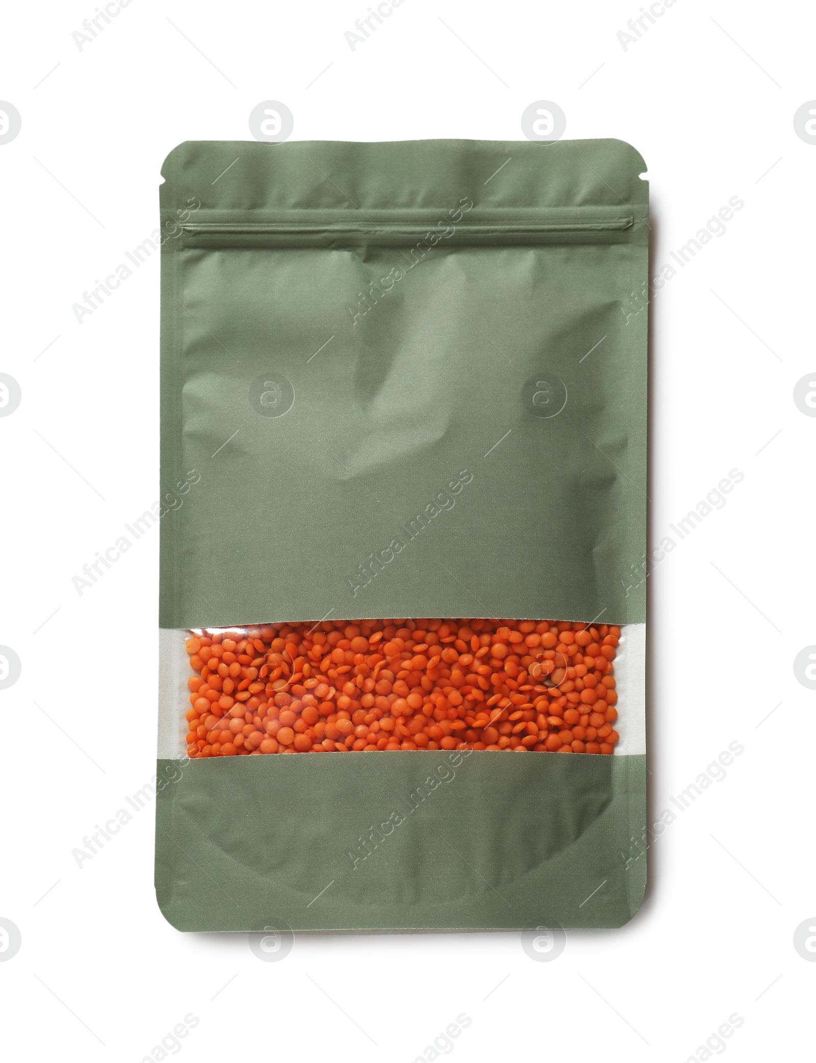 Photo of Paper pouch bag with lentil isolated on white, top view