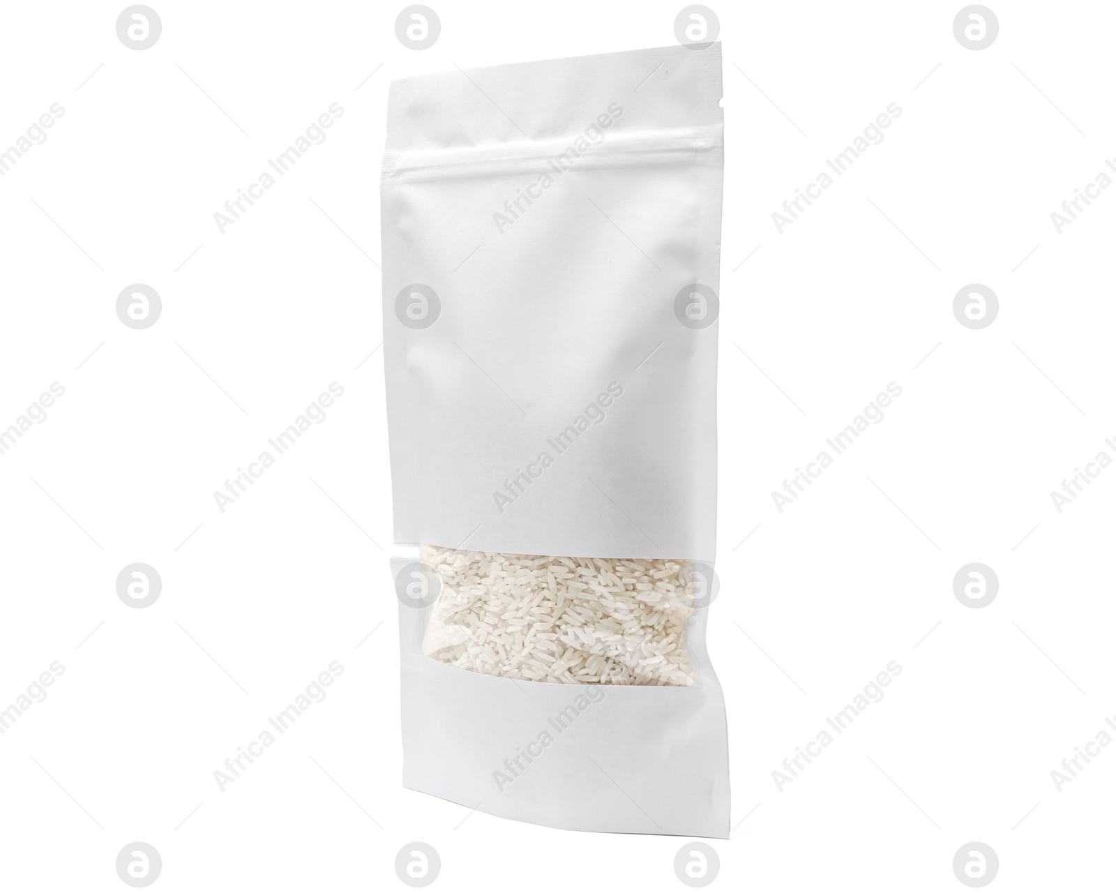 Photo of Paper pouch bag with rice isolated on white