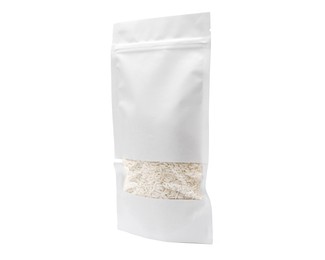 Photo of Paper pouch bag with rice isolated on white