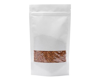 Paper pouch bag with buckwheat isolated on white