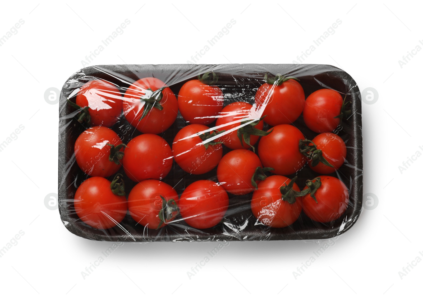 Photo of Pack of fresh tomatoes isolated on white, top view