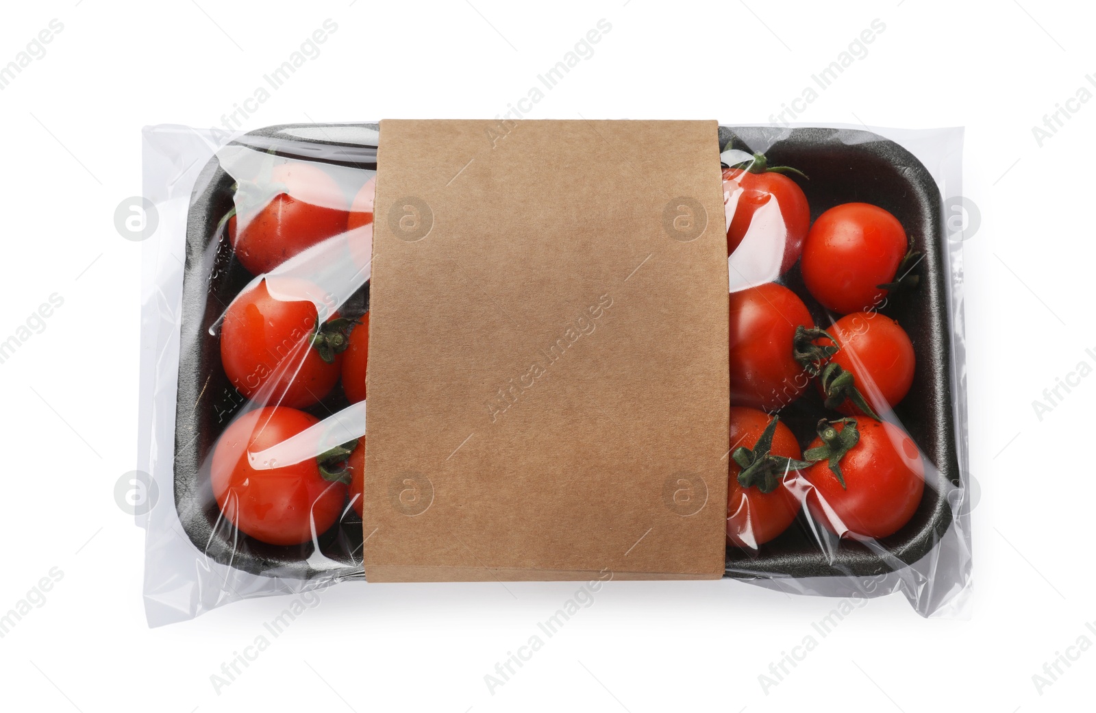 Photo of Pack of cherry tomatoes isolated on white, top view