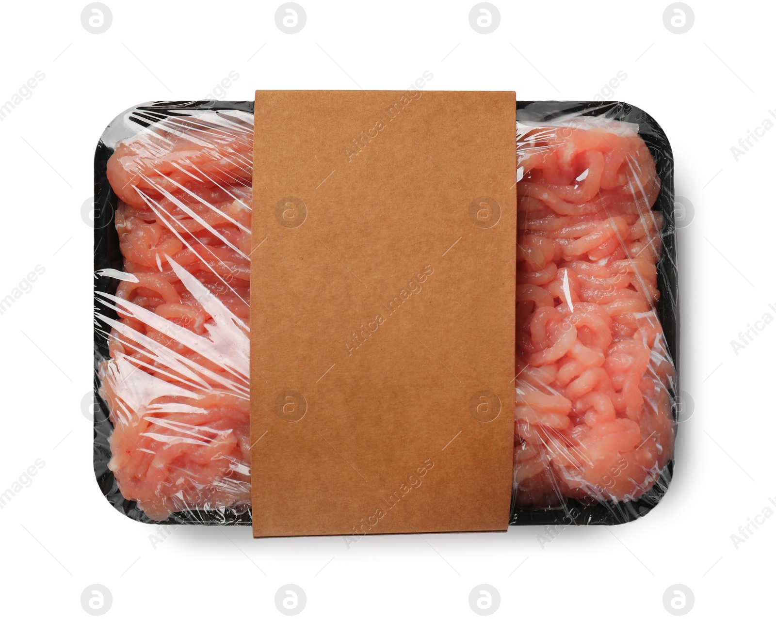 Photo of Plastic pack with fresh minced meat isolated on white, top view