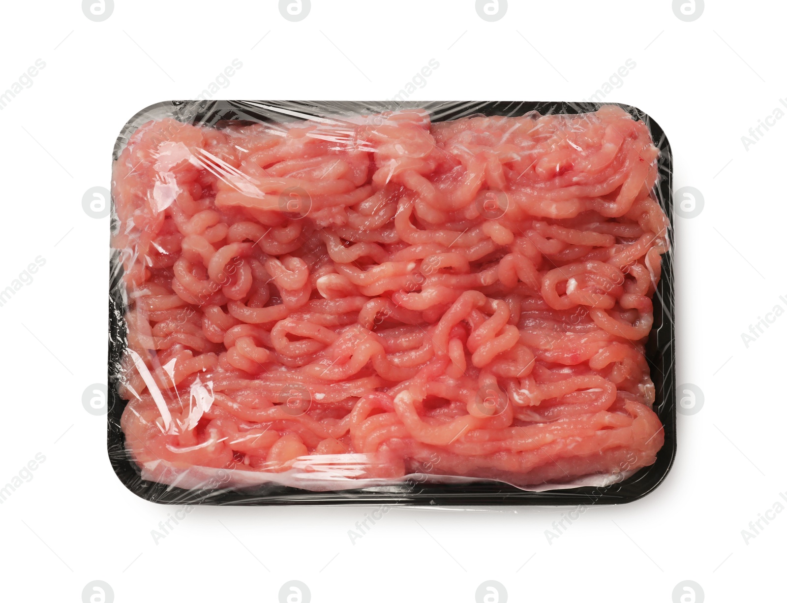 Photo of Plastic pack with fresh minced meat isolated on white, top view