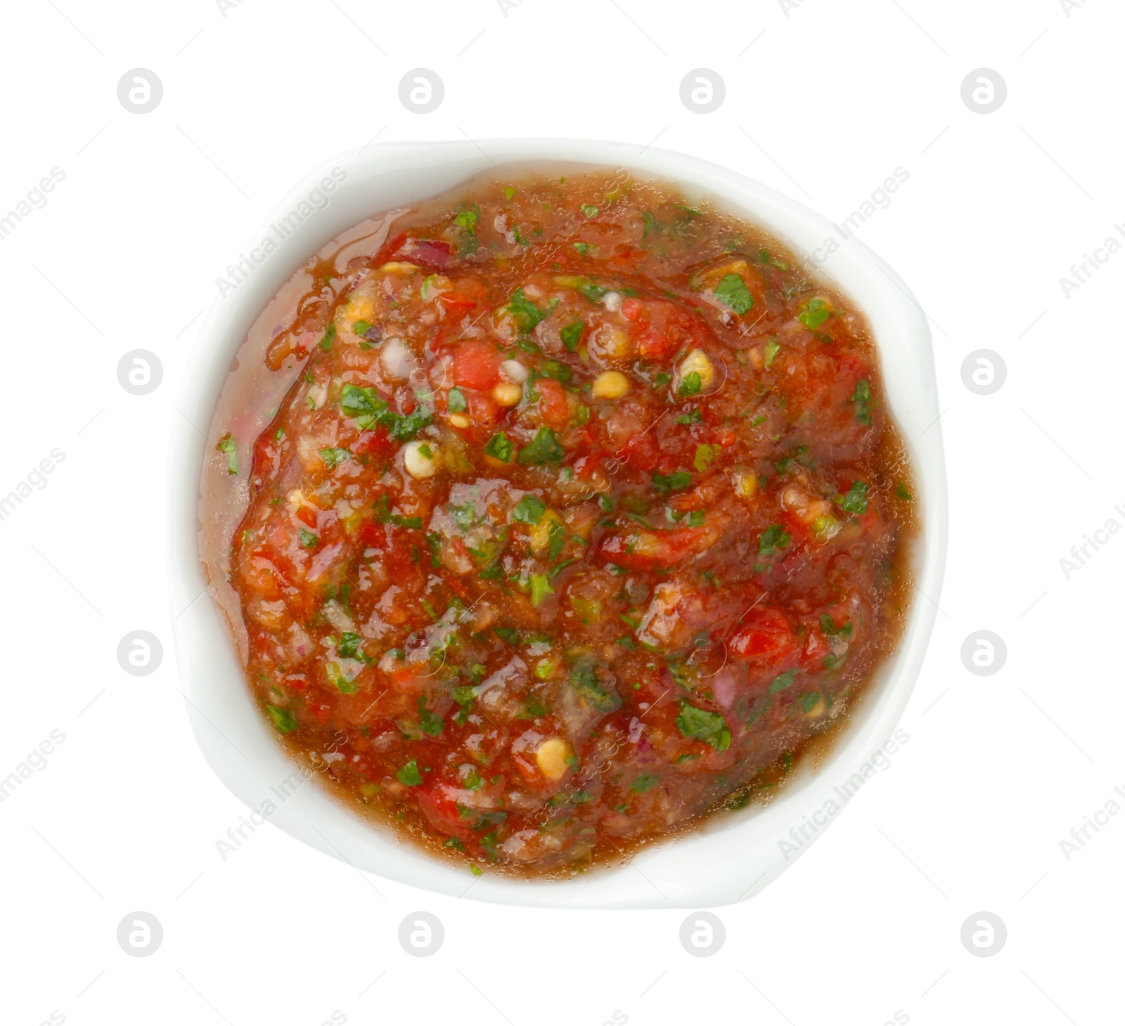 Photo of Tasty salsa sauce in bowl isolated on white, top view