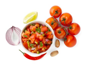 Photo of Tasty salsa sauce and ingredients isolated on white, top view