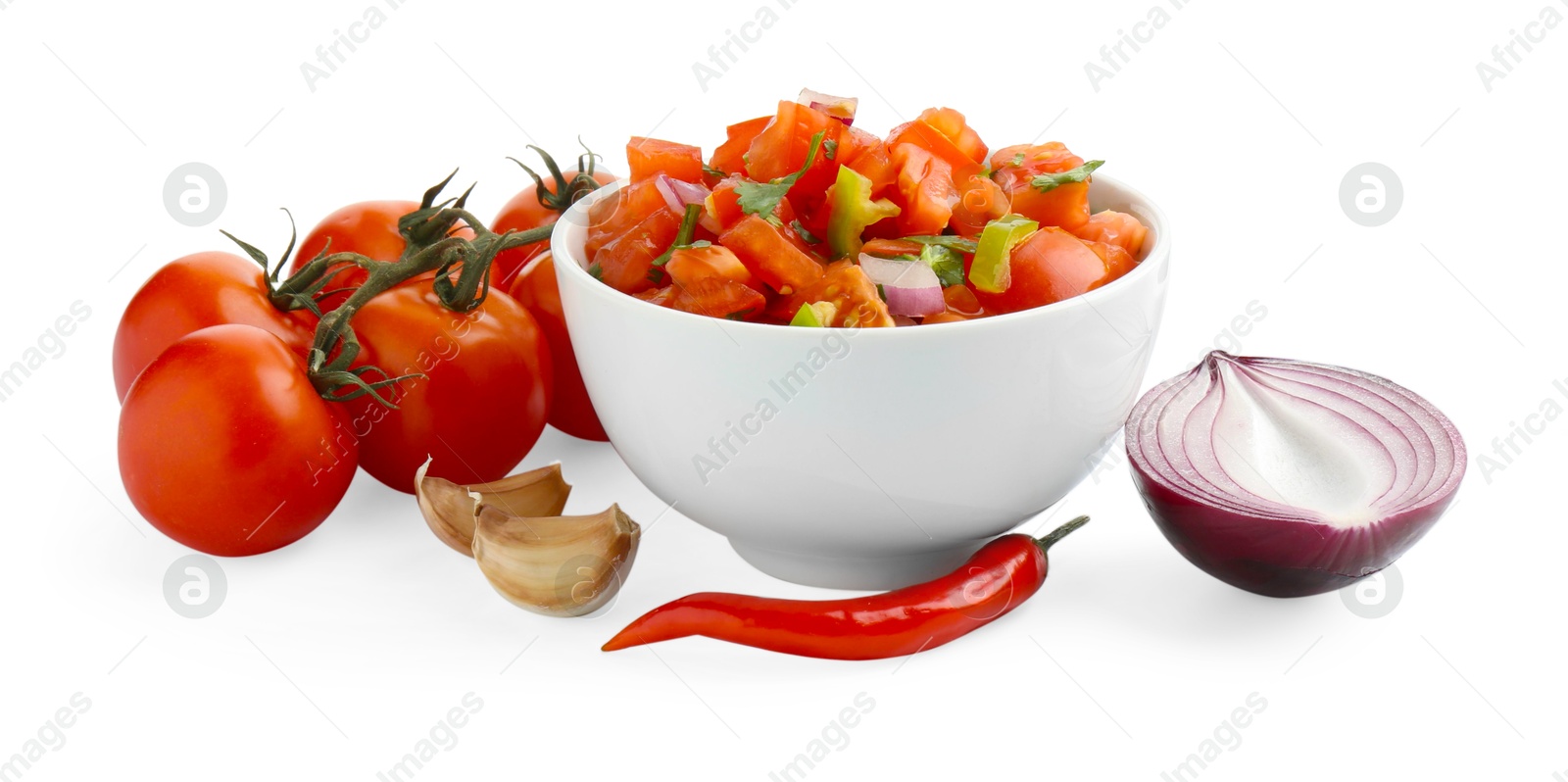 Photo of Tasty salsa sauce and ingredients isolated on white