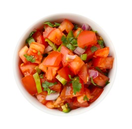 Photo of Tasty salsa sauce in bowl isolated on white, top view