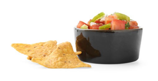 Photo of Tasty salsa sauce in bowl and tortilla chips isolated on white