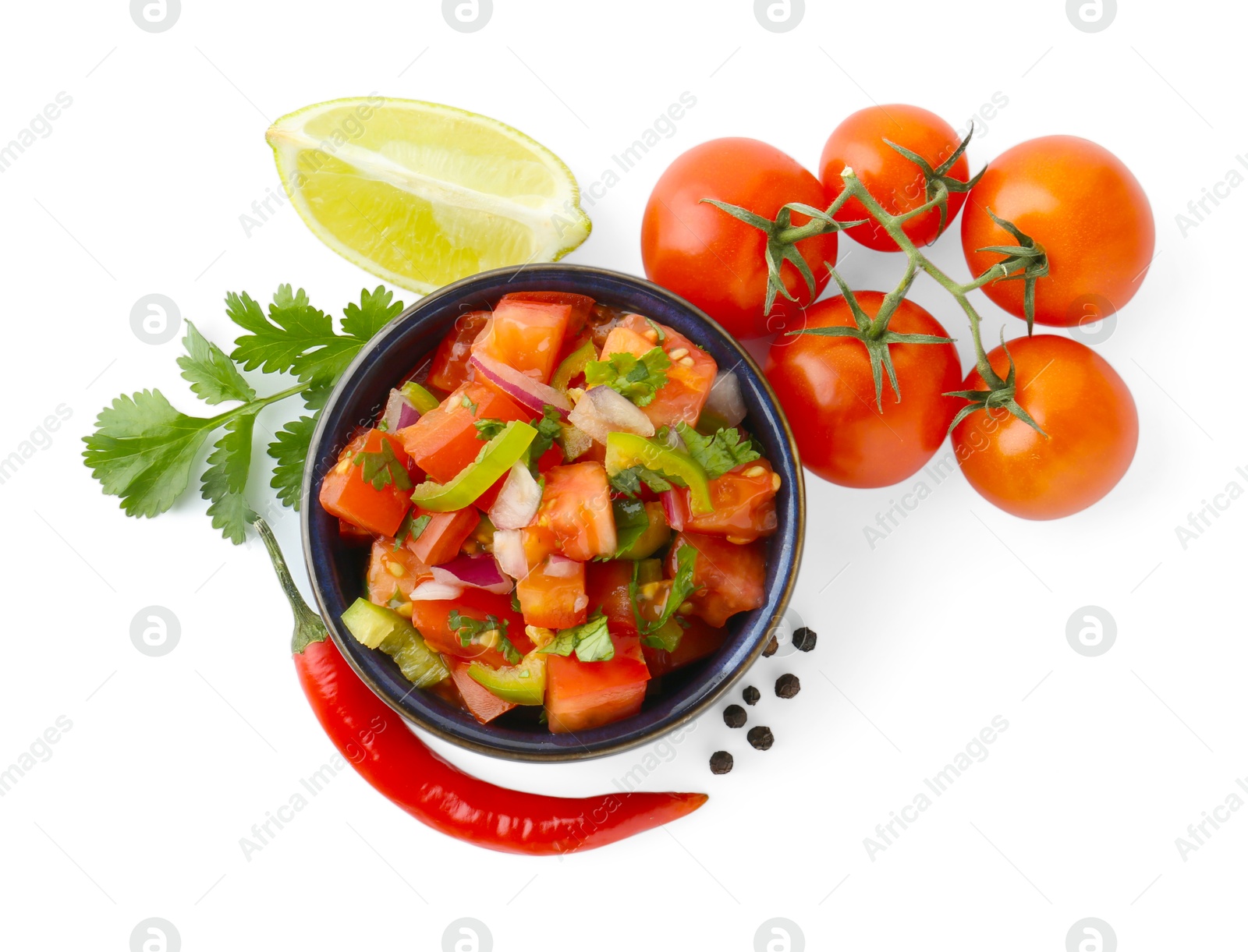 Photo of Tasty salsa sauce and ingredients isolated on white, top view