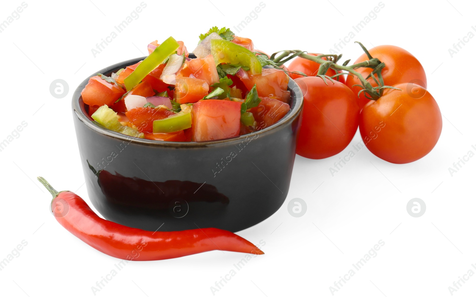 Photo of Tasty salsa sauce and ingredients isolated on white