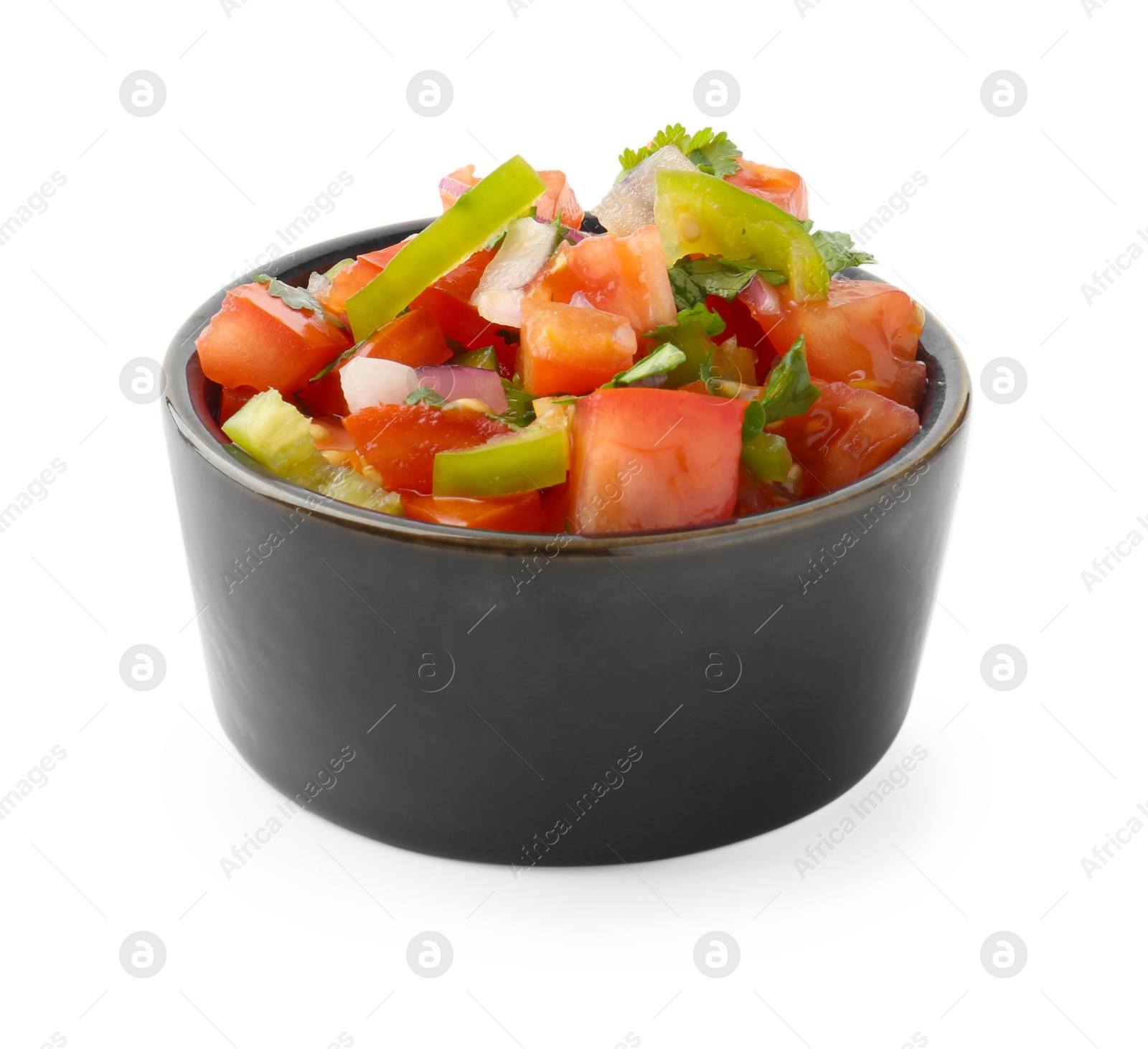 Photo of Tasty salsa sauce in bowl isolated on white