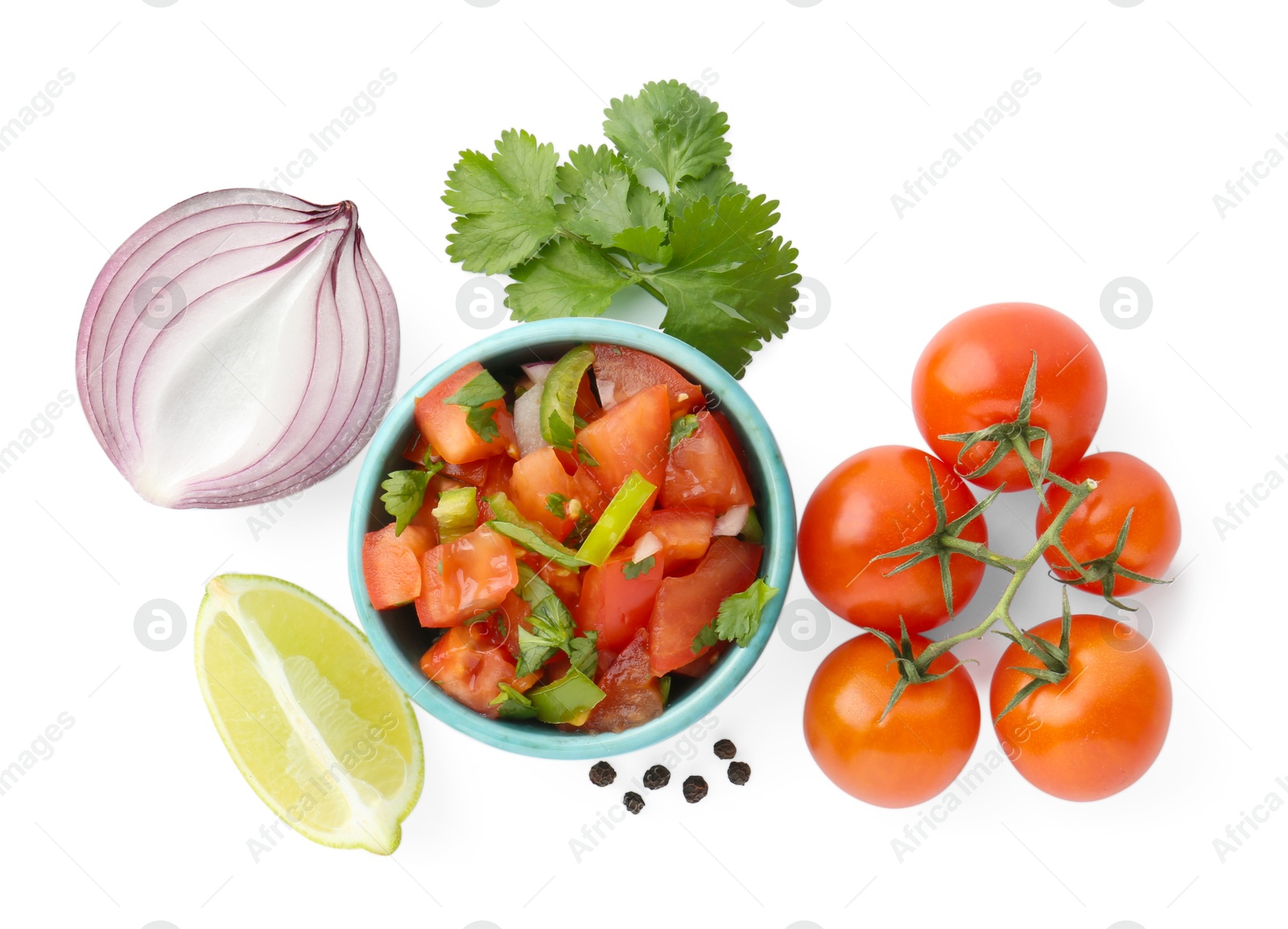 Photo of Tasty salsa sauce and ingredients isolated on white, top view