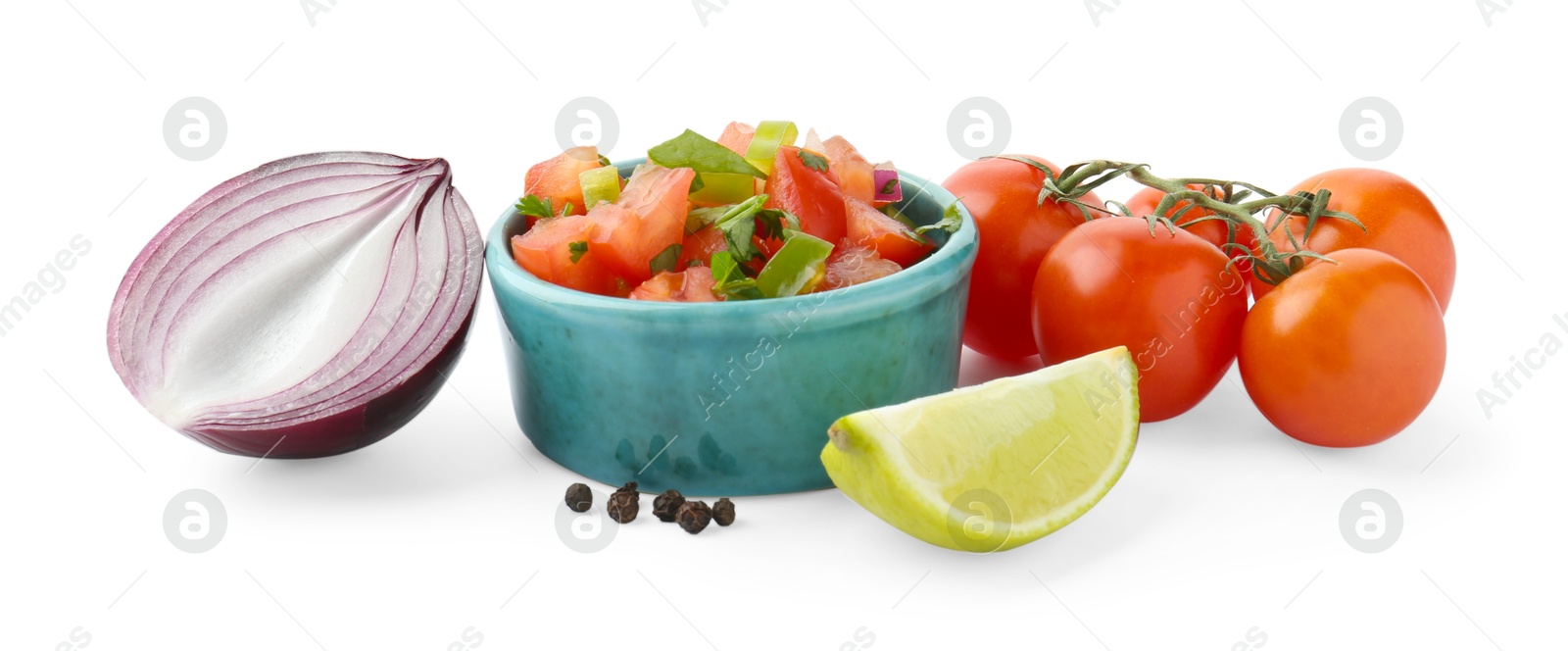 Photo of Tasty salsa sauce and ingredients isolated on white