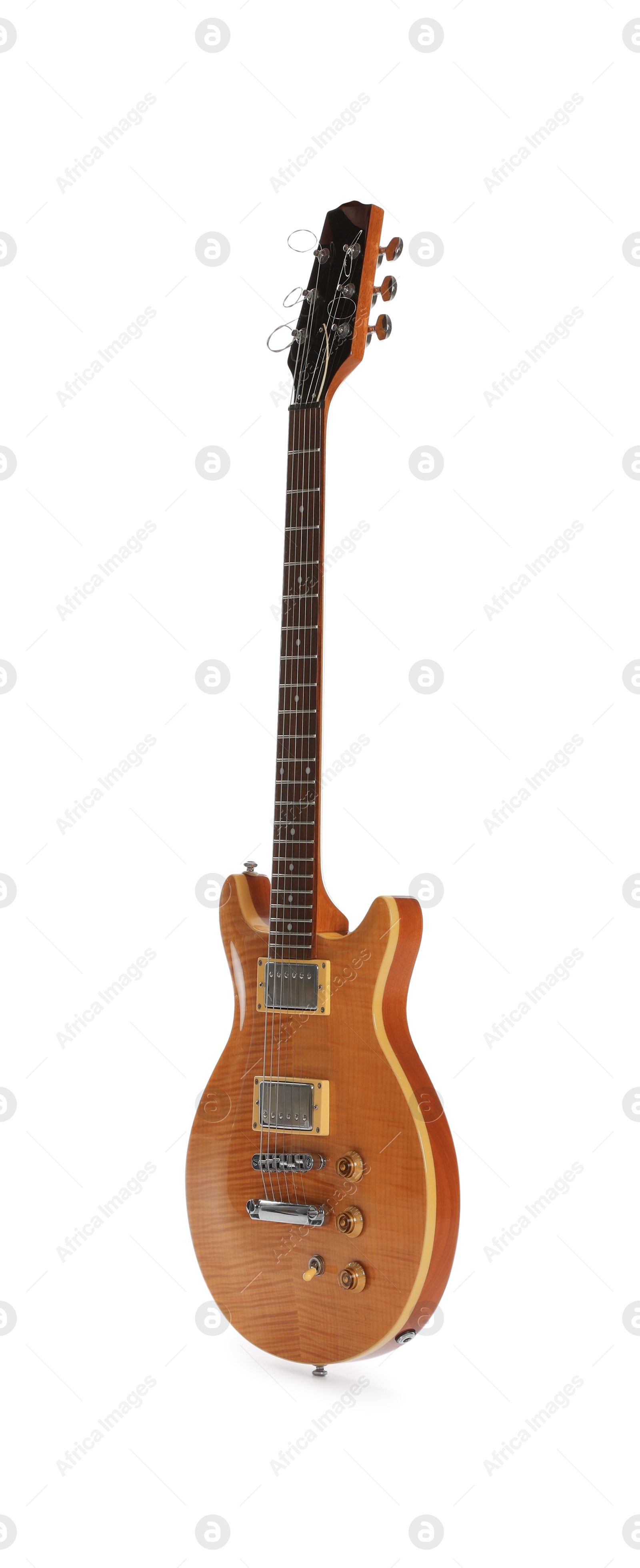 Photo of One wooden electric guitar isolated on white