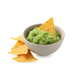 Delicious homemade green salsa with nachos isolated on white