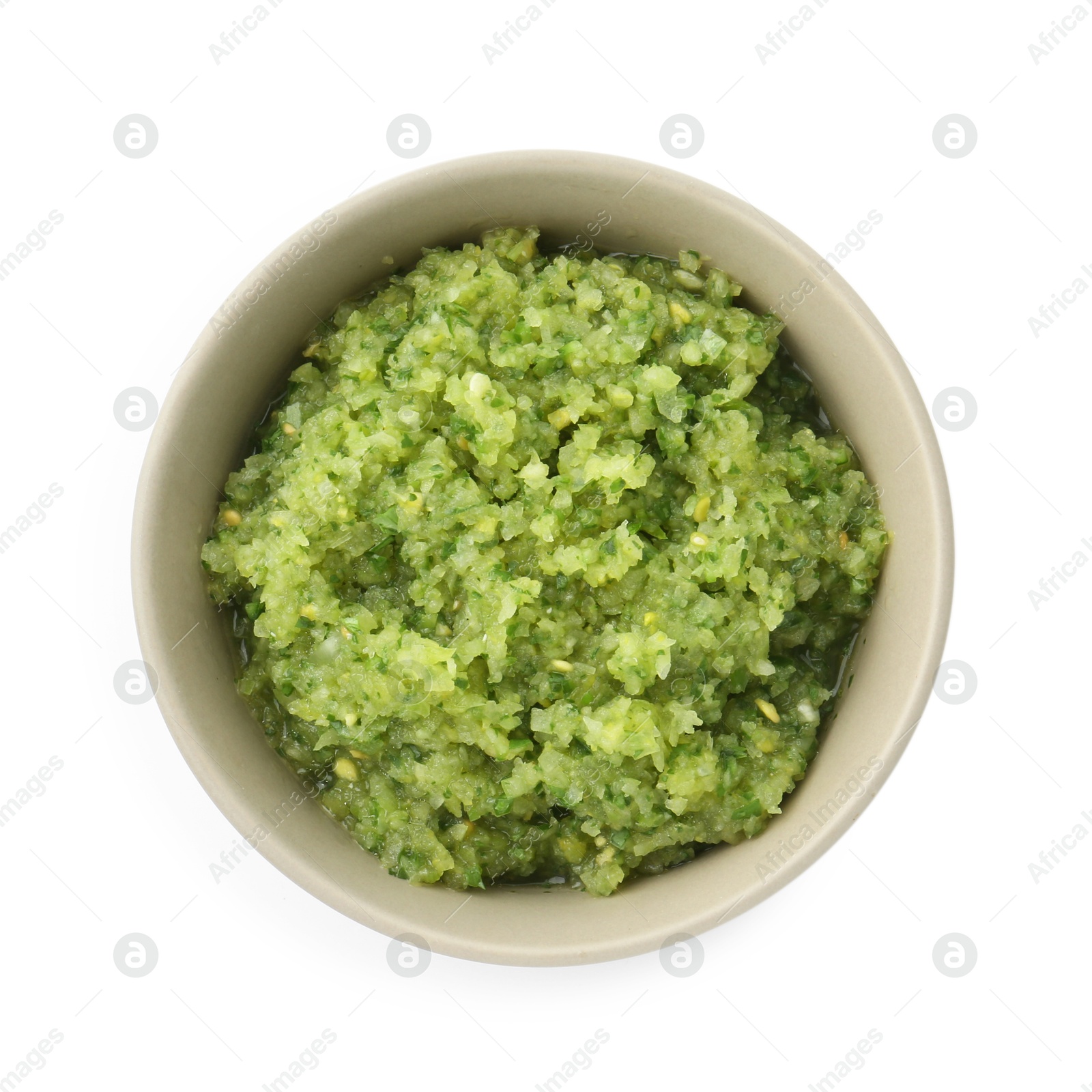 Photo of Delicious homemade green salsa isolated on white, top view