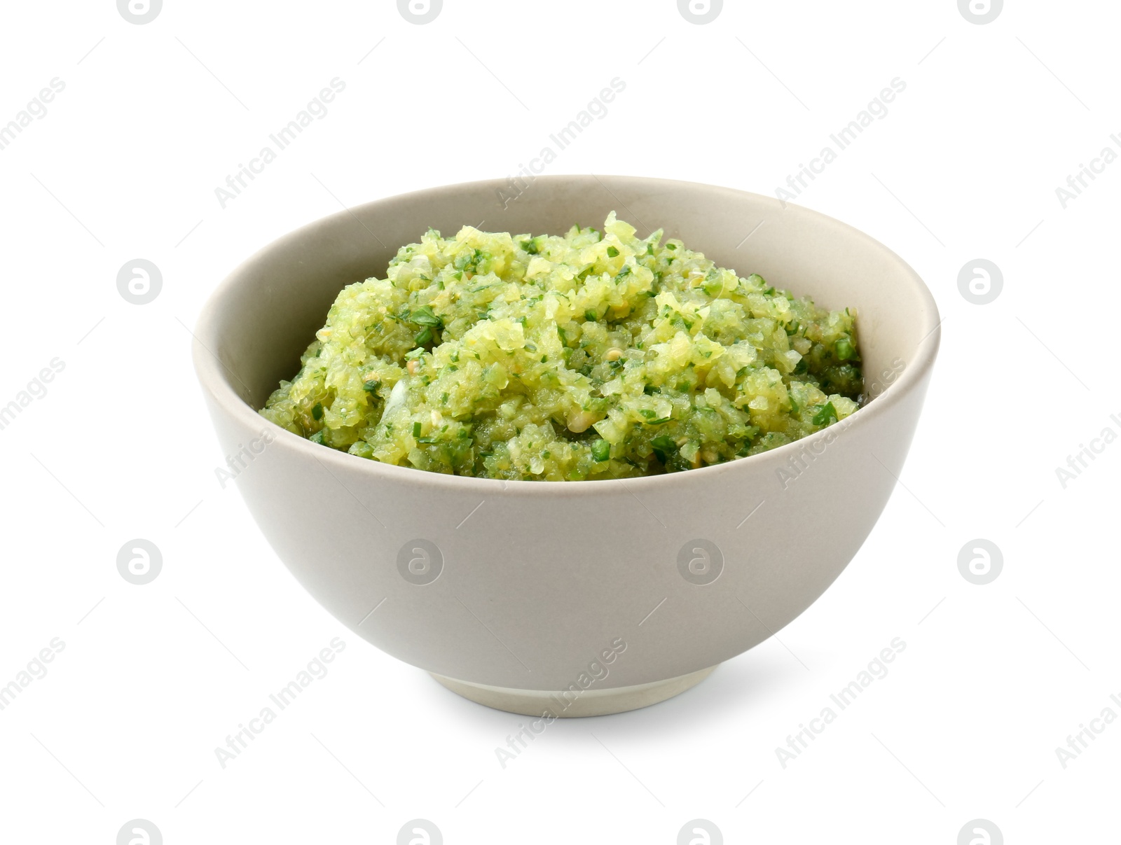 Photo of Delicious homemade green salsa isolated on white