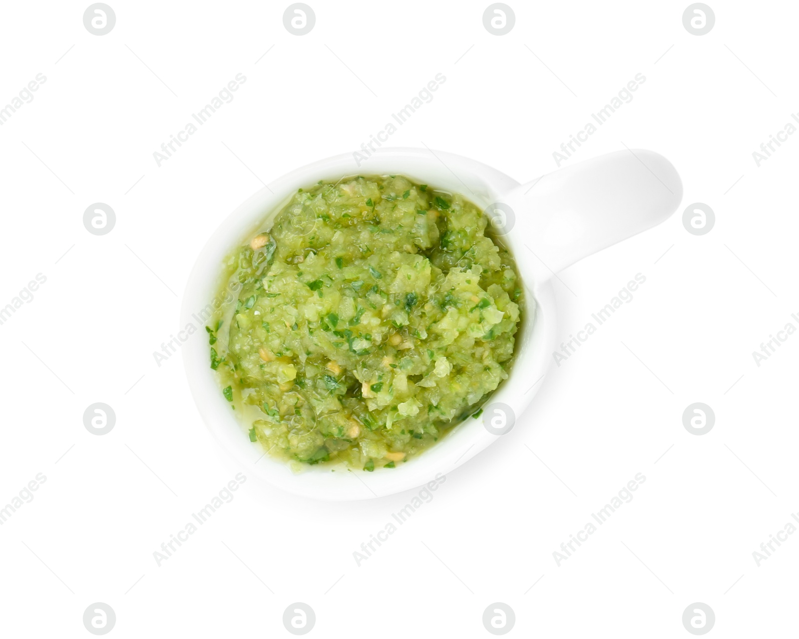 Photo of Delicious homemade green salsa isolated on white, top view