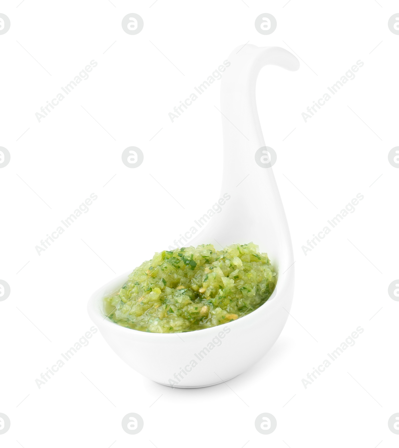 Photo of Delicious homemade green salsa isolated on white