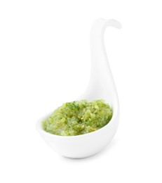 Photo of Delicious homemade green salsa isolated on white