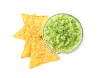 Photo of Delicious homemade green salsa with nachos isolated on white, top view