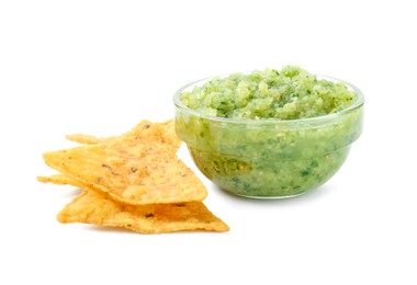 Photo of Delicious homemade green salsa with nachos isolated on white