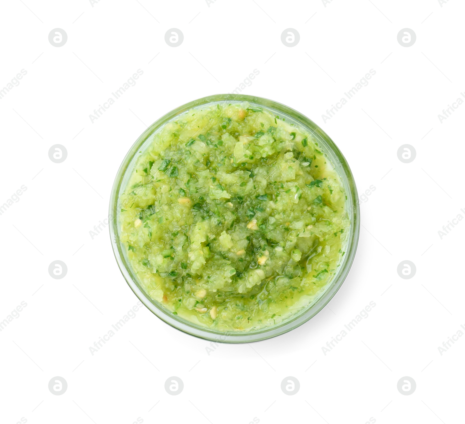 Photo of Delicious homemade green salsa isolated on white, top view