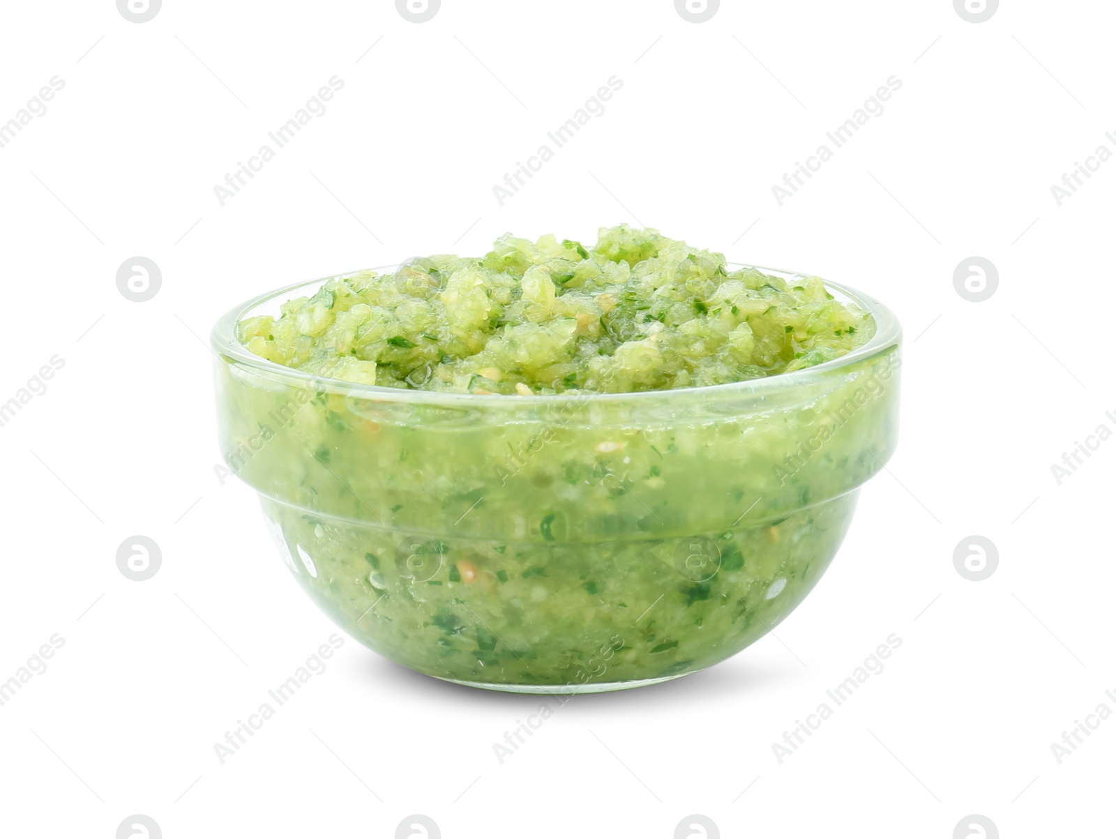 Photo of Delicious homemade green salsa isolated on white