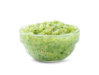 Photo of Delicious homemade green salsa isolated on white