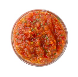 Photo of Delicious homemade red salsa isolated on white, top view