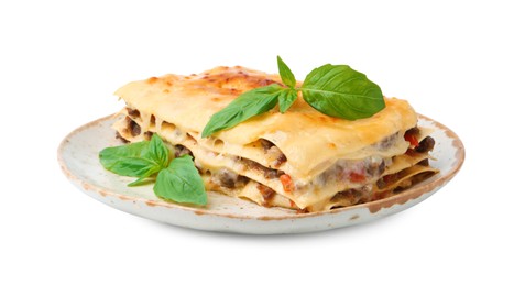 Photo of Delicious cooked lasagna with basil isolated on white