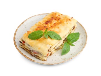 Photo of Delicious cooked lasagna with basil isolated on white