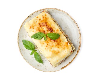 Photo of Delicious cooked lasagna with basil isolated on white, top view