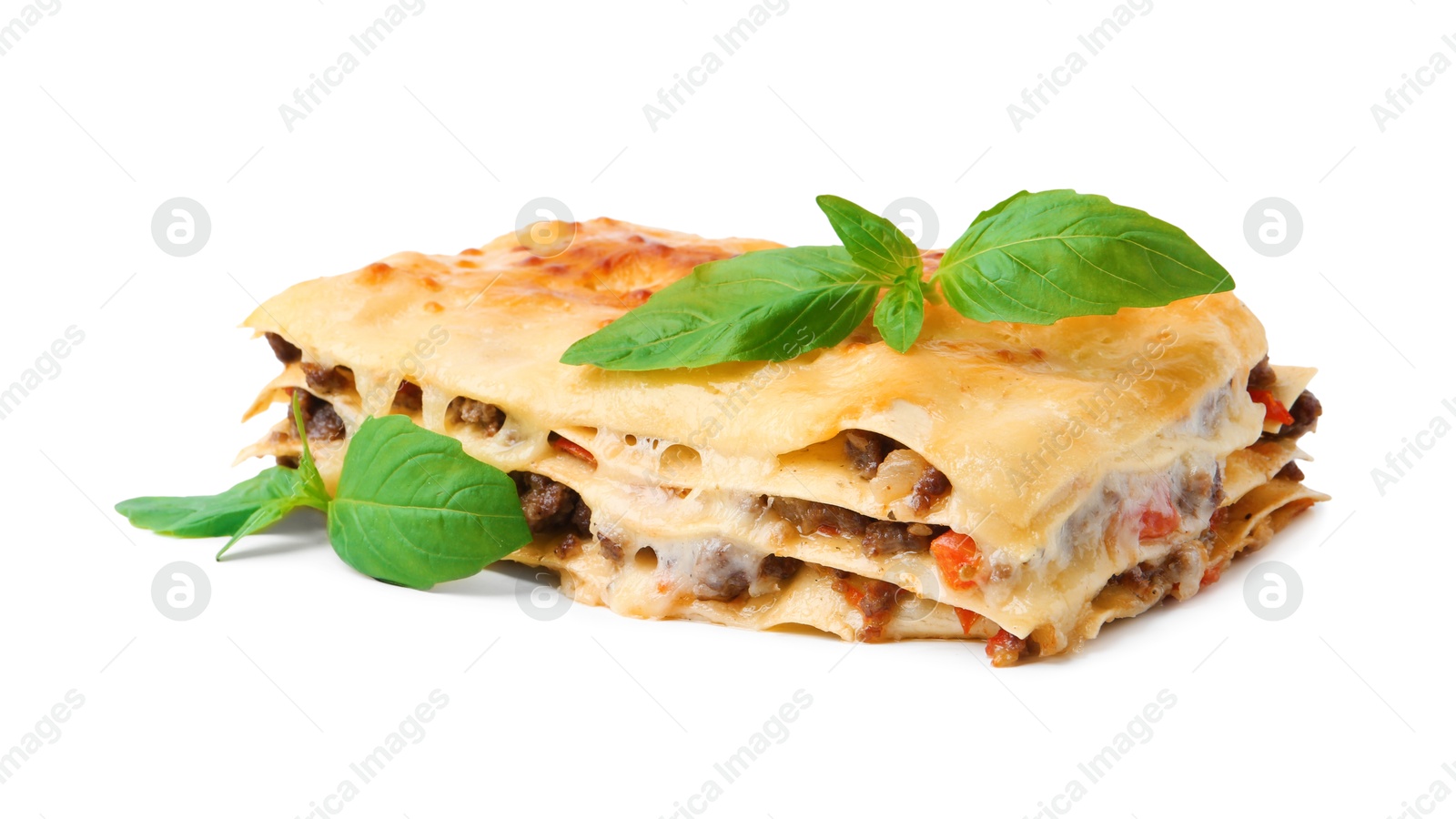 Photo of Delicious cooked lasagna with basil isolated on white