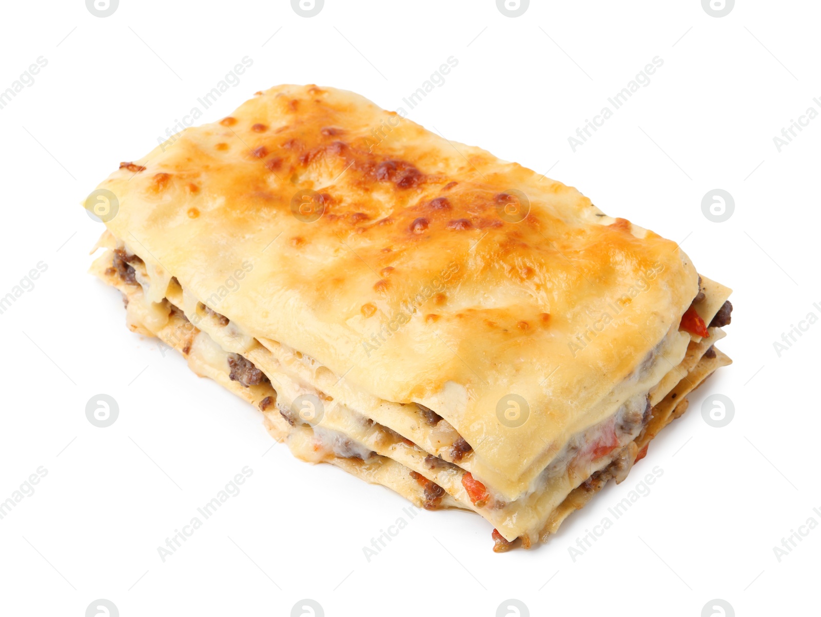 Photo of Delicious cooked lasagna isolated on white. Italian cuisine