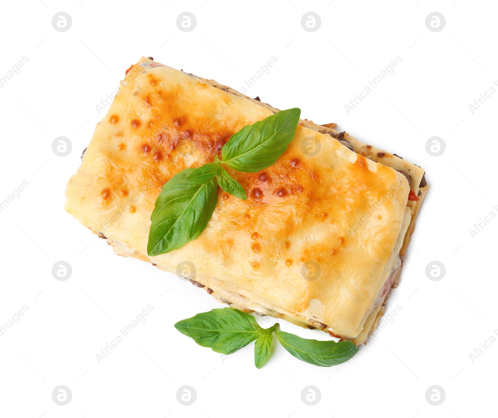 Photo of Delicious cooked lasagna with basil isolated on white, top view