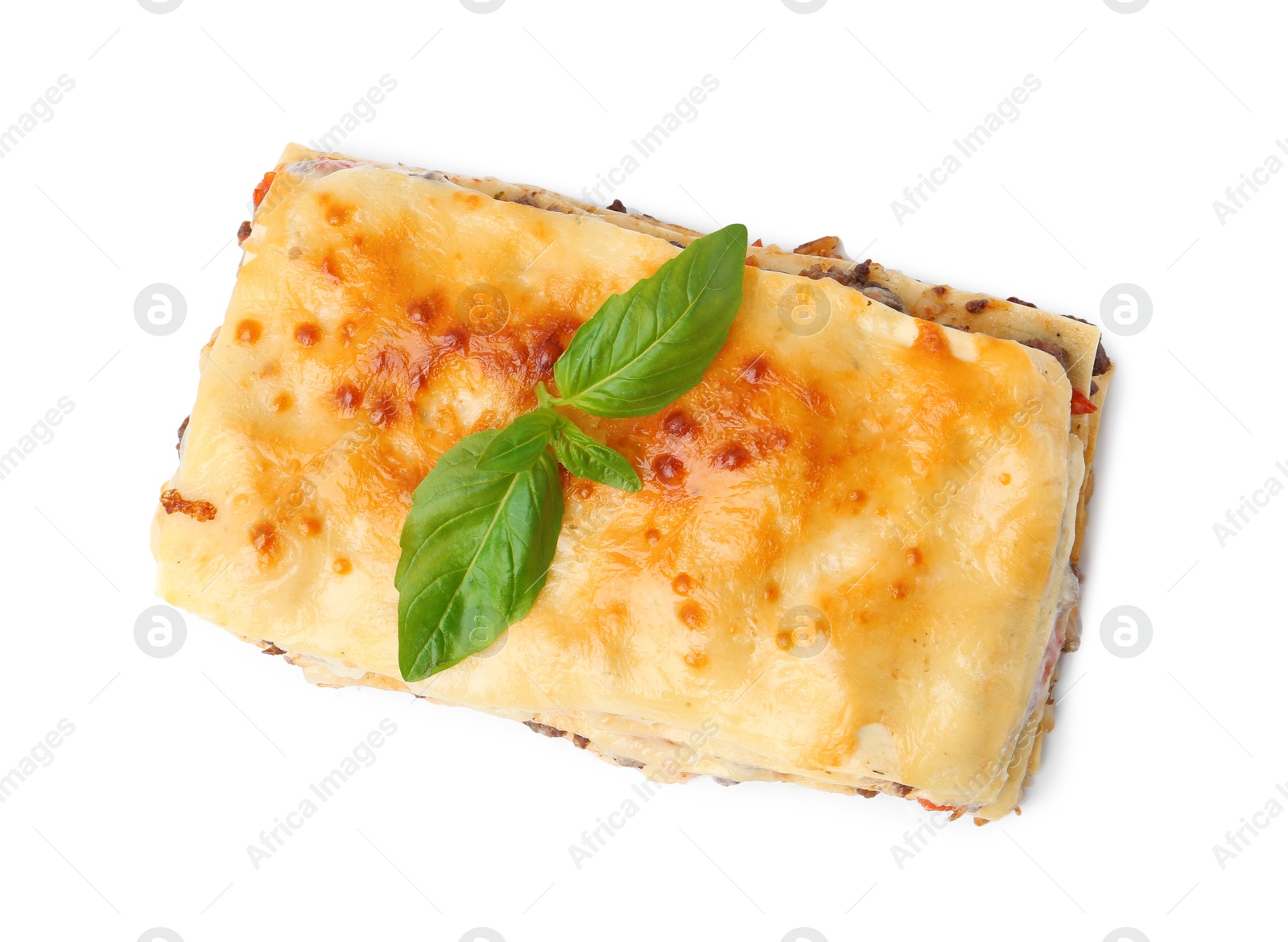 Photo of Delicious cooked lasagna with basil isolated on white, top view