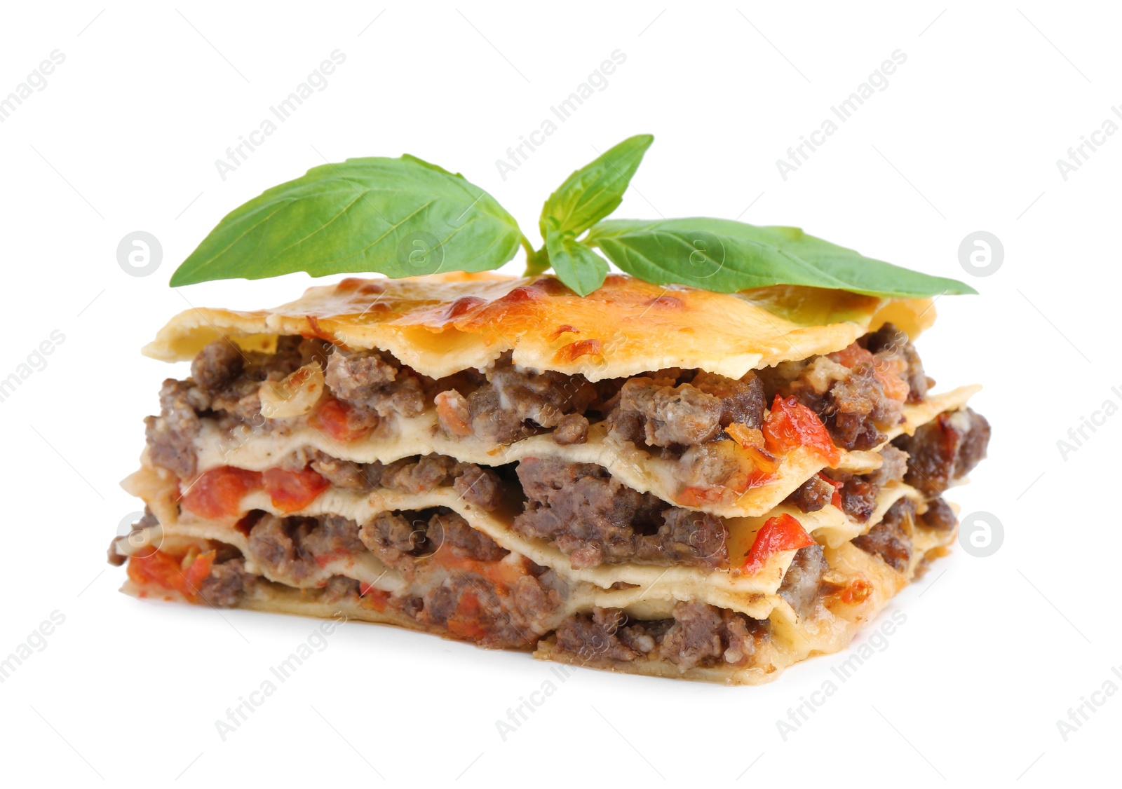 Photo of Delicious cooked lasagna with basil isolated on white