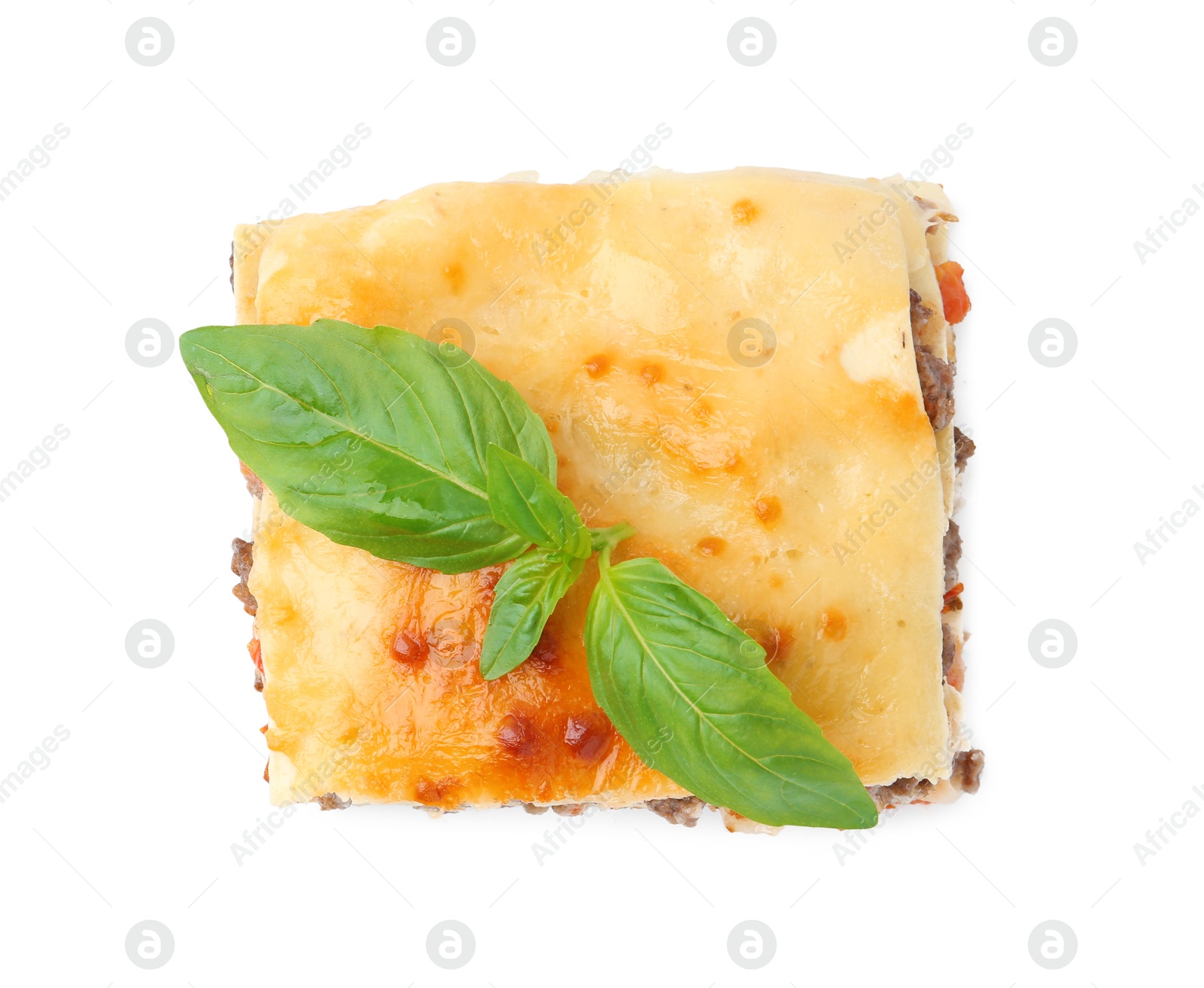 Photo of Delicious cooked lasagna with basil isolated on white, top view