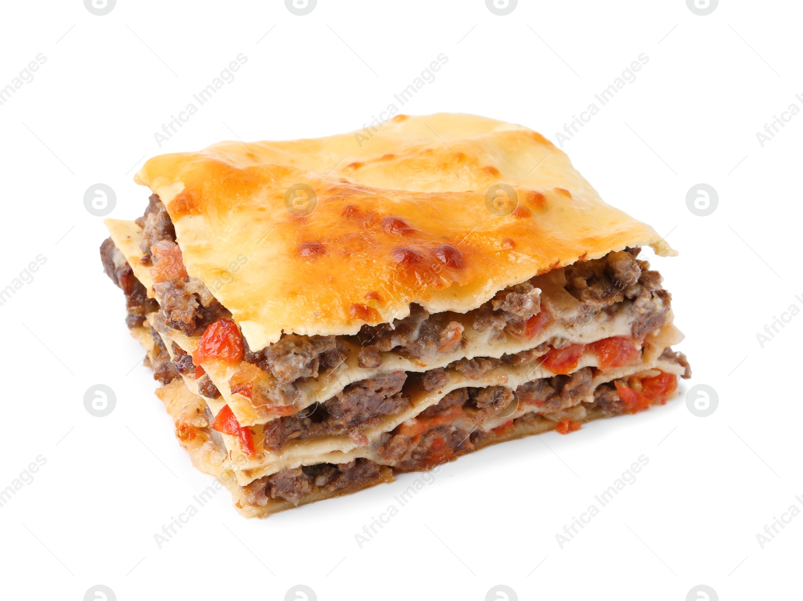 Photo of Delicious cooked lasagna isolated on white. Italian cuisine