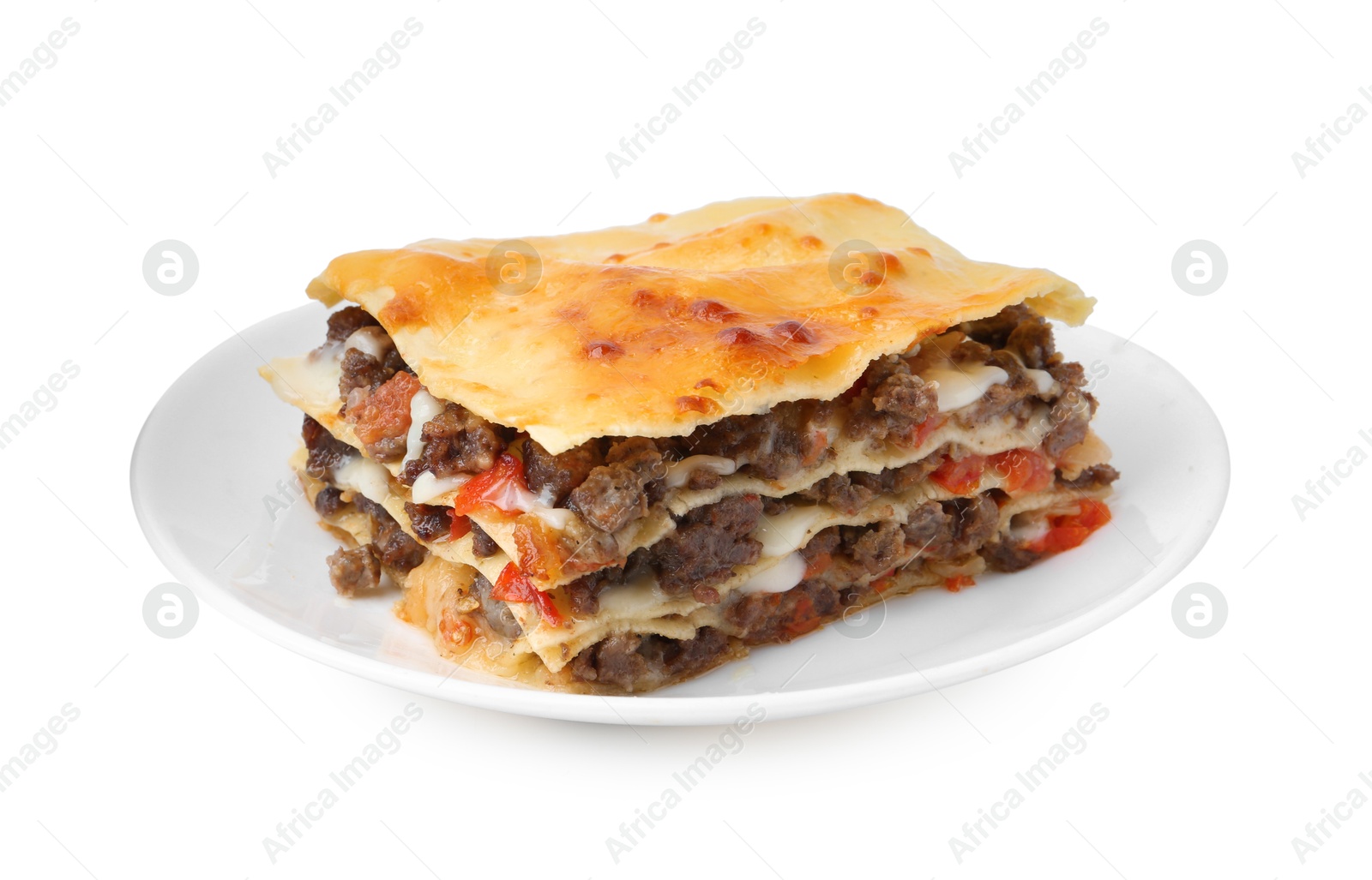 Photo of Delicious cooked lasagna isolated on white. Italian cuisine