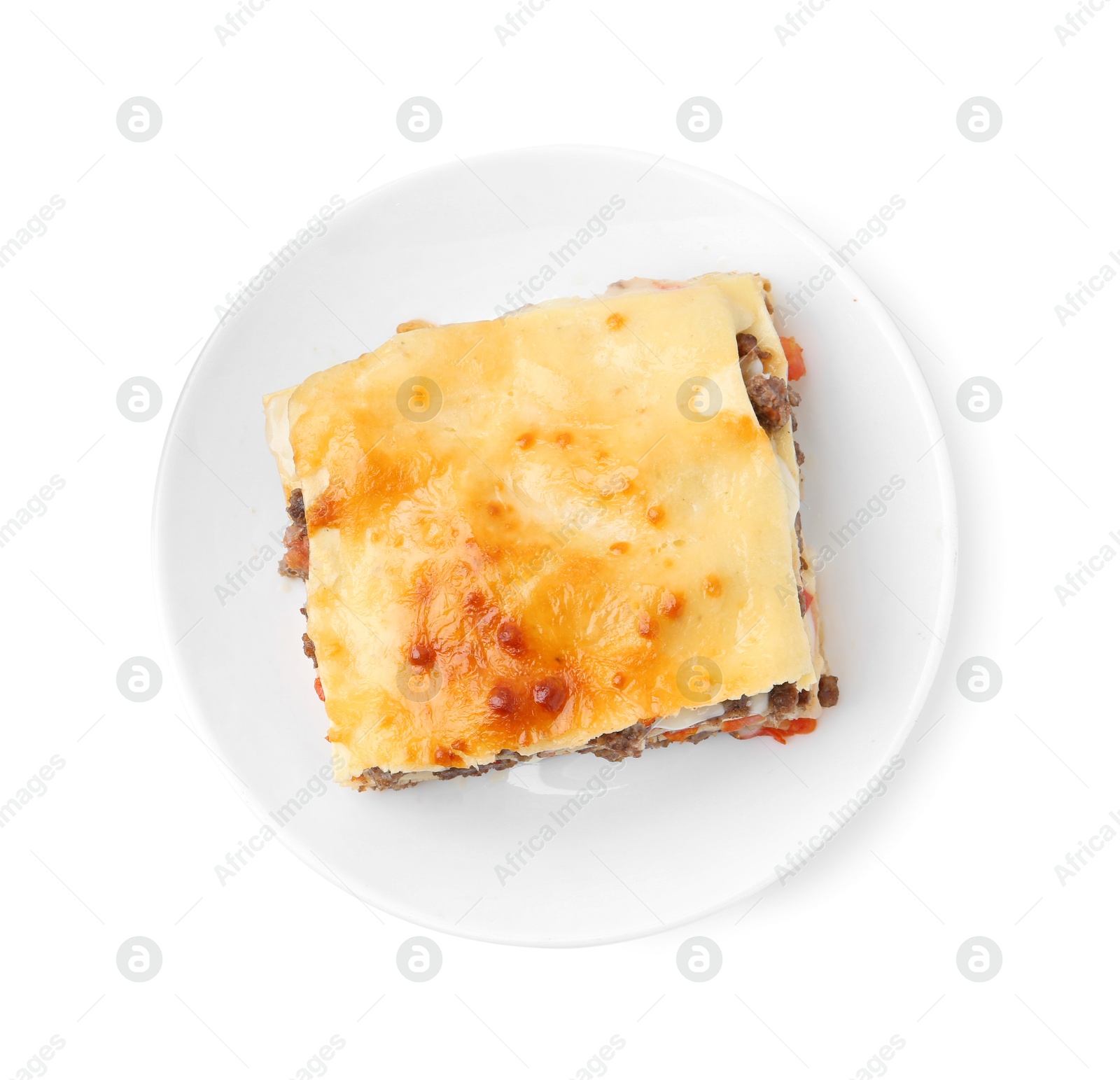 Photo of Delicious cooked lasagna isolated on white, top view. Italian cuisine