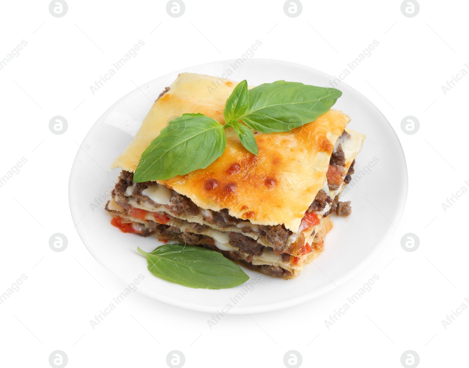 Photo of Delicious cooked lasagna with basil isolated on white