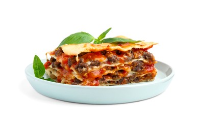 Photo of Delicious cooked lasagna with basil isolated on white