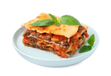 Photo of Delicious cooked lasagna with basil isolated on white