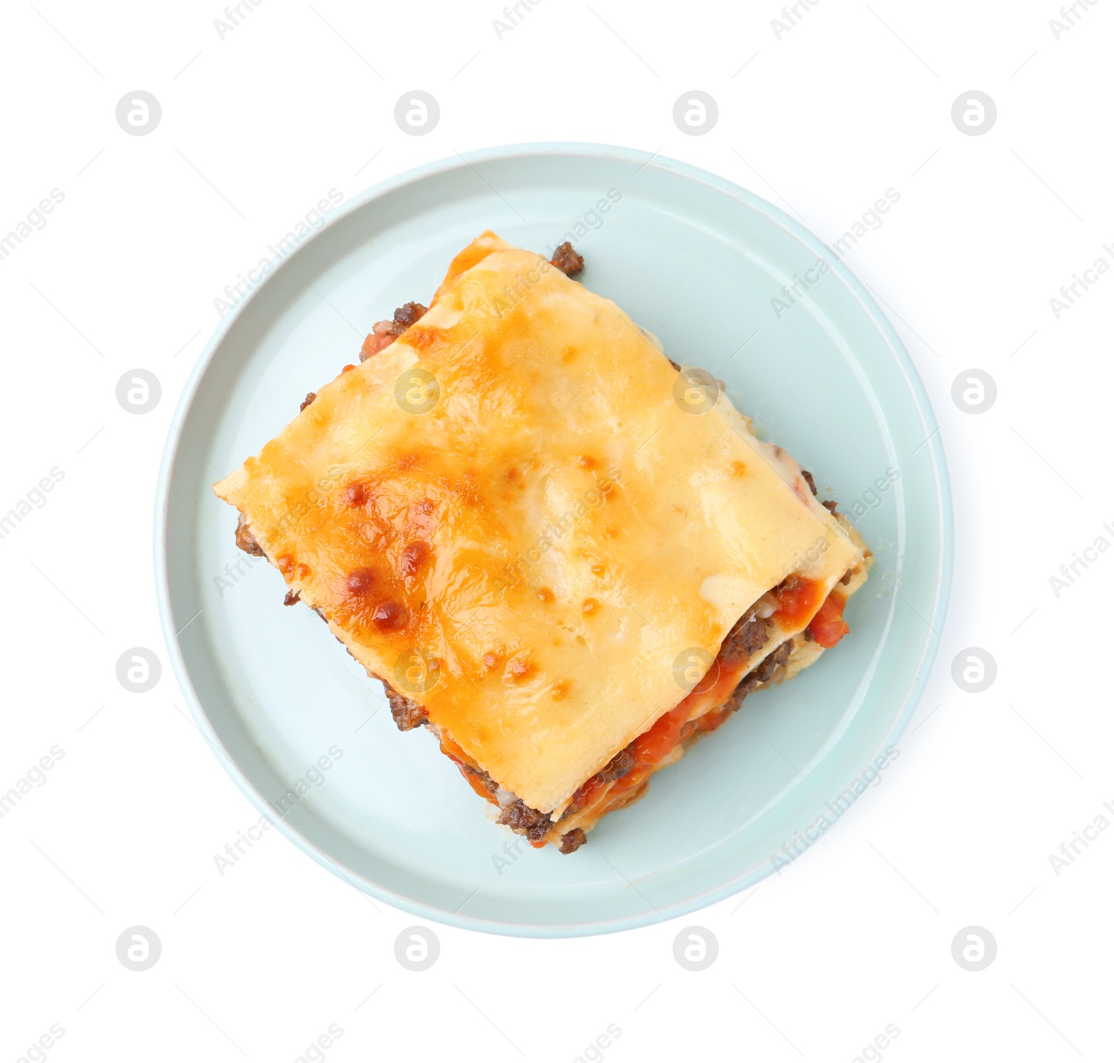 Photo of Delicious cooked lasagna isolated on white, top view