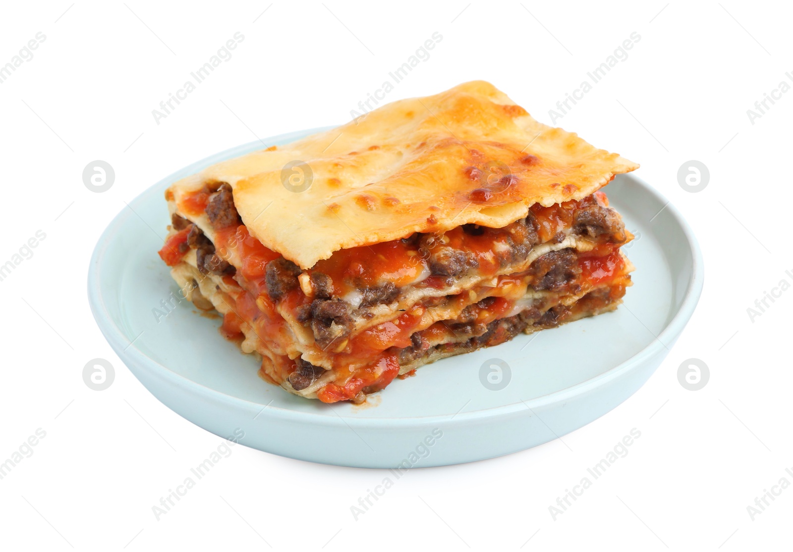 Photo of Delicious cooked lasagna isolated on white. Italian cuisine